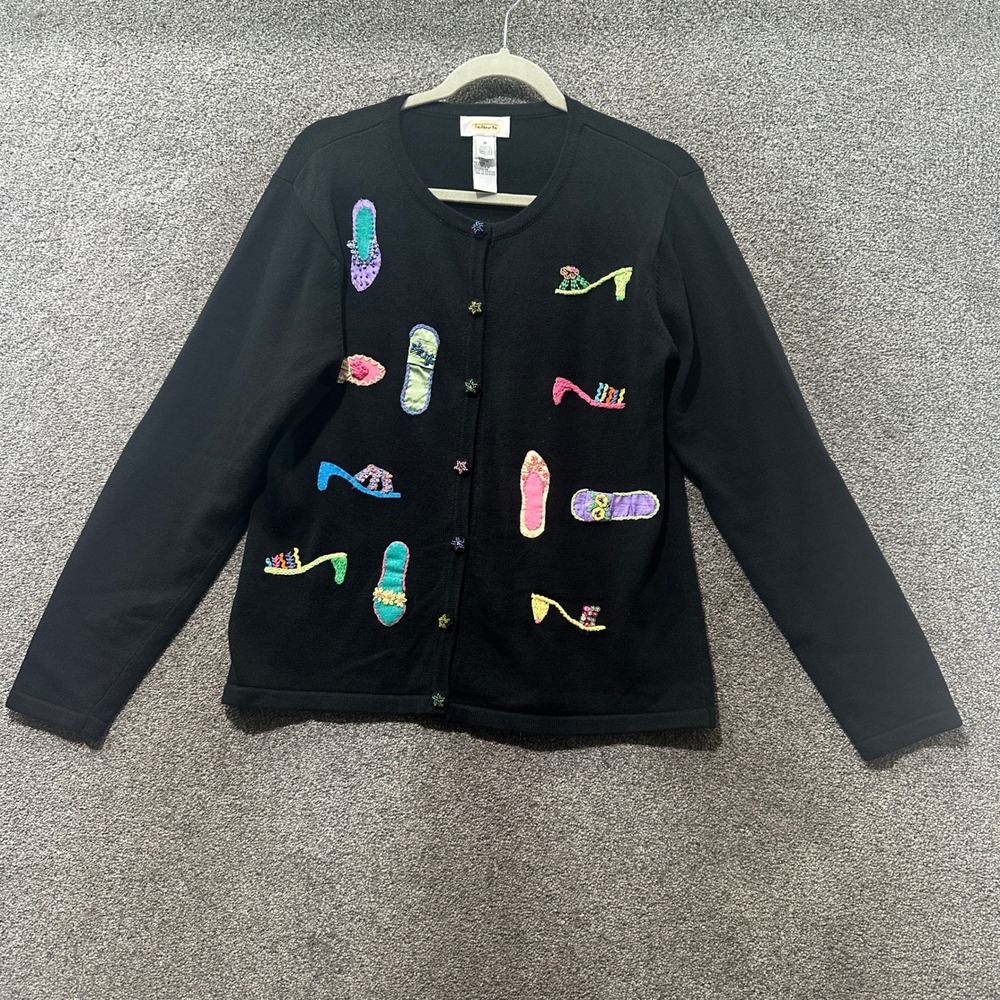 VTG Talbots Cardigan Sweater Womens Medium Black Cotton Shoe Novelty Beaded